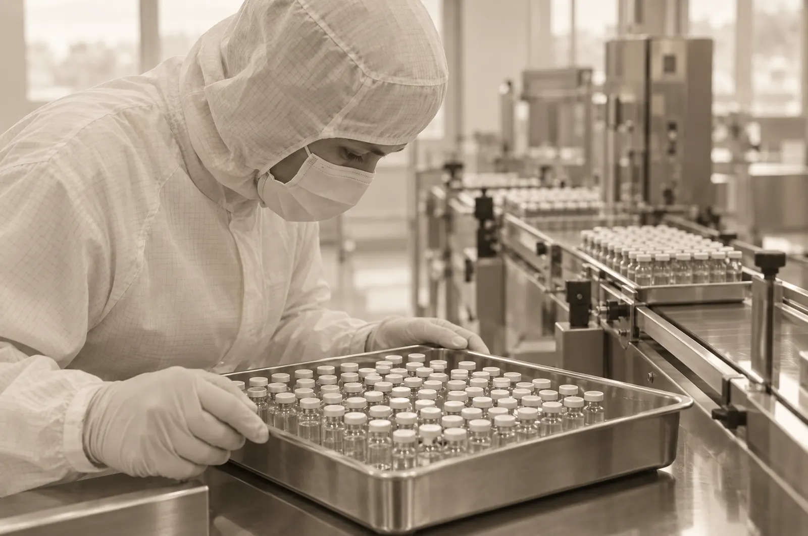 Laboratory technician inspecting a tray of research vials